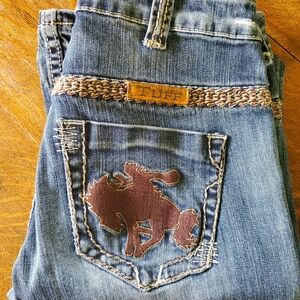 Cowgirl Tuff Blue Denim Boot Cut Jeans with Brown Embroidery